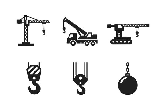 Collection of construction and demolition equipment icons including cranes, hooks, and wrecking ball
