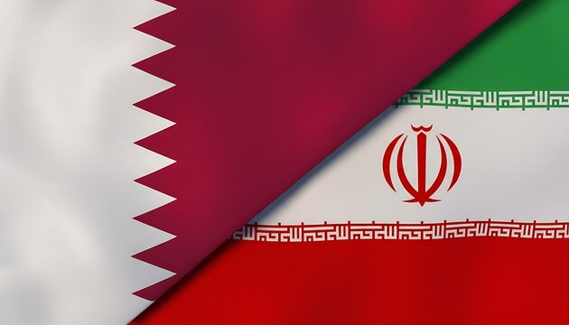 Flags of Qatar and Iran with folded fabric texture, diplomatic relations concept, national symbols and international politics theme