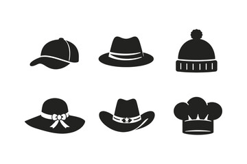 Collection of diverse hat icons including baseball cap, fedora, beanie, and chef hat