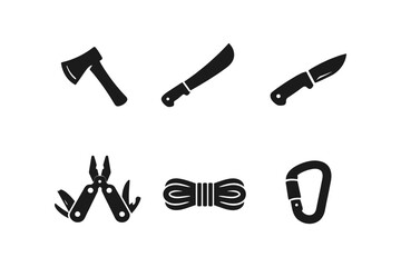 Collection of survival and camping tools including an axe, machete, knife, multi-tool, rope, and carabiner