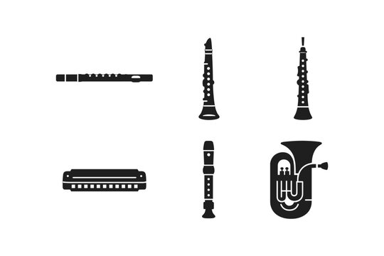 Collection of wind and reed musical instrument icons in silhouette style