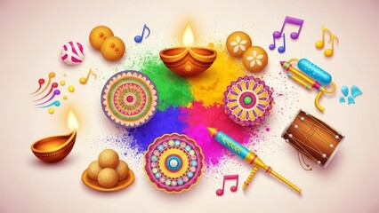 Obraz premium Diwali and Holi festival elements with colorful powder and music notes. Decorative celebration items with vibrant background.