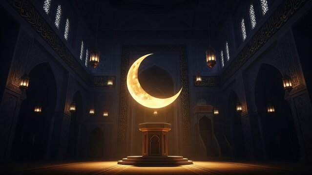 Crescent moon illumination inside an ornate Islamic mosque at night, dramatic lighting.