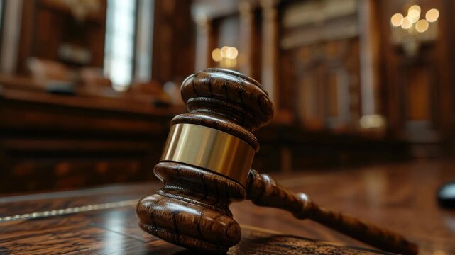 A wooden gavel with a metal band on a bench in a court room setting.