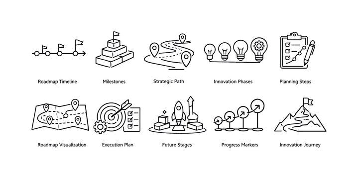 Roadmap and planning line icon set. strategy, innovation path outline icons collection