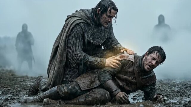Two men in medieval attire, one knight comforting an injured man on a muddy battlefield, with faint light and other soldiers nearby.