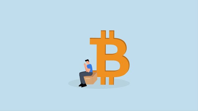 Fear, 4k animation of uncertain businessman investor is seated anxiously next to Bitcoin symbol