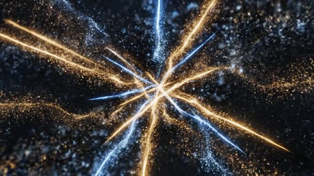 Dynamic blue and orange light trails explode into a vibrant starburst