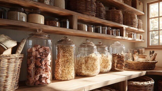 Beautifully organized walk-in pantry featuring clear glass containers filled with dry goods and wicker baskets illuminated by warm sunlight.