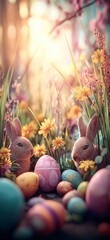 Fototapeta premium Little bunnies finding colorful Easter eggs in spring garden. Cute bunnies celebrating Easter surrounded by decorated eggs and blooming cherry blossoms