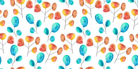 orange and turquoise eucalyptus watercolor leaves on white background, hand drawn, seamless pattern © elenaseiryk