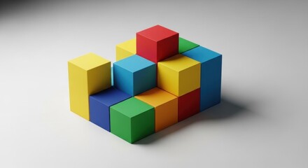 Obraz premium A vibrant, multi-colored cube-like structure built of various-sized blocks on a white surface