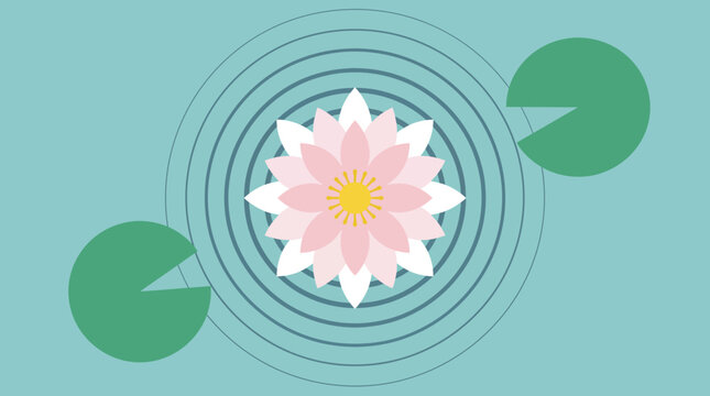 Top view of a pink lotus flower with lily pads and concentric ripples in a minimalist vector style