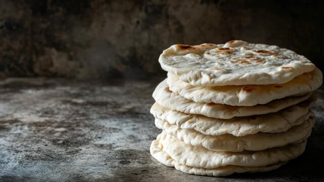 A pile of golden brown flatbreads sits on a table, ready for serving or consumption. The bread has a crispy exterior and appears soft inside, suggesting it is freshly made.