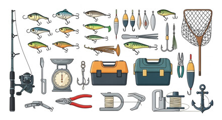 Collection of fishing equipment and various fish illustrations for recreational angling. © Dani