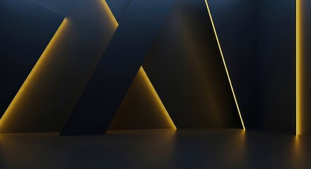 Abstract composition of dark angular forms, illuminated by warm yellow light strips
