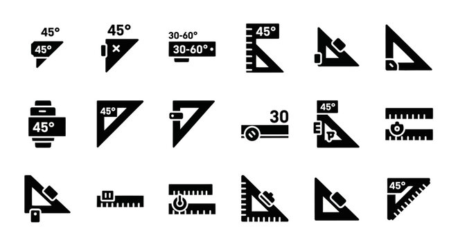 Various geometric icons and symbols illustrating different angles and measurements displayed on a clean white background from a straightforward viewpoint