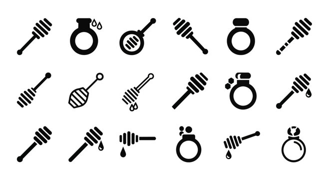 A collection of honey dipper icons in various styles and designs displayed together