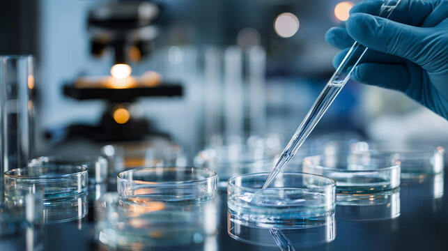 Medical laboratory concept with scientist hand using pipette over petri dish, sterile glassware in biotech research facility, pharmaceutical factory drug development processб clinical laboratory test