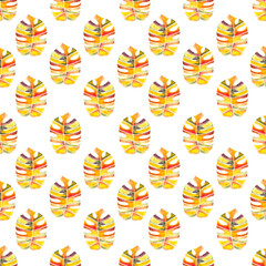 seamless pattern of watercolor monstera or philodendron, hand drawn watercolor bright orange leaf isolated on white background © elenaseiryk