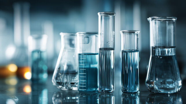 Medical laboratory concept with sterile glassware and blue liquid in biotech research facility, pharmaceutical factory drug development process, clinical laboratory testing and healthcare innovation