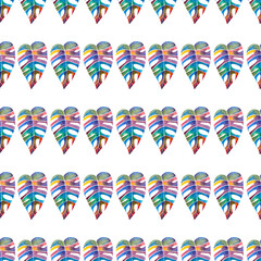 seamless pattern of bright multicolored monstera or philodendron leaf, hand drawn watercolor isolated on white background © elenaseiryk