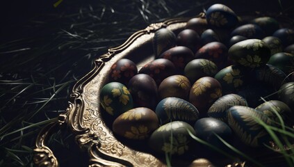 Side view of botanical Easter eggs on elegant vintage tray.