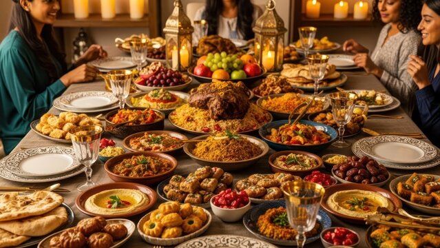 Abundant feast on a dining table with various dishes and people around