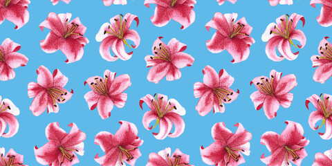 Obraz premium seamless pattern of pink tiger lily flowers, hand drawn watercolor illustration on blue background