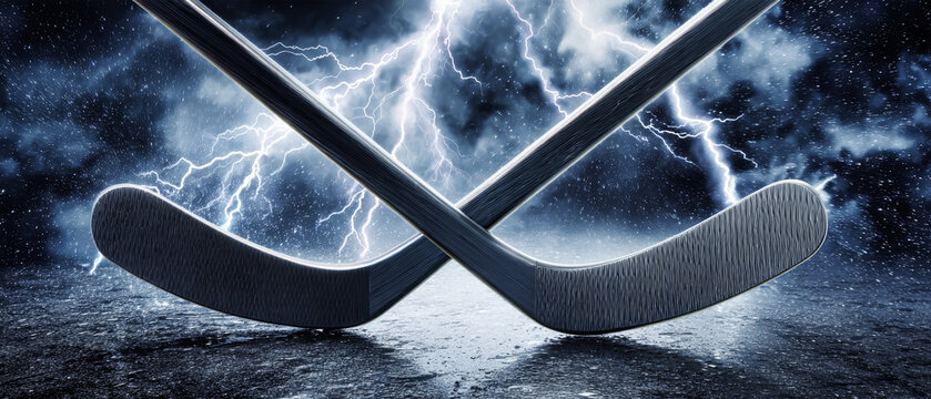 Two hockey sticks clash for a puck in a dramatic setting featuring lightning and fire, highlighted by high contrast and sharp details