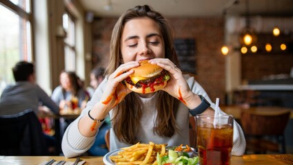 Happy Young Woman Enjoying a Cheeseburger in a Cozy Caf&eacute;