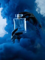 Luxury Perfume Bottle Held by Gloved Hands in Dramatic  Smoke