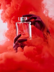 Luxury Perfume Bottle Held by Gloved Hands in Dramatic  Smoke