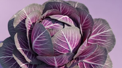 Obraz premium Close up of a vibrant purple cabbage with intricate leaf patterns against a soft background