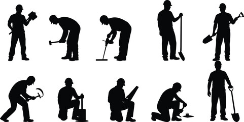Construction worker silhouette collection, builder using hammer drill shovel tools industrial labor vector illustration isolated set © It's Vector