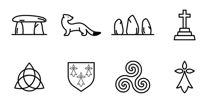 Collection d&rsquo;ic&ocirc;nes vectorielles minimalistes repr&eacute;sentant des symboles bretons : dolmen, hermine, triskell, menhirs, &eacute;cusson et croix, en dessin au trait noir.
