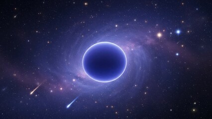 Naklejka premium Cosmic sphere against spiral galaxy background with meteor trails and stars