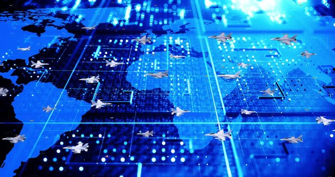 Combat Jets Moving Over Futuristic Global Network Map. World War Related 3D 4K Animation.