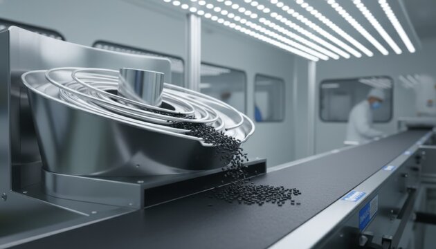 Industrial vibratory feeder bowl dispensing small black components onto a conveyor belt in a modern manufacturing facility.