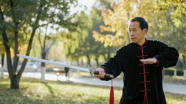 Man practicing traditional sword form in a park during autumn