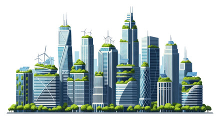 Fototapeta premium Eco-friendly futuristic cityscape with green skyscrapers, wind turbines, and solar panels