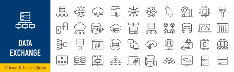 Naklejka premium Data Exchange web icons in line style. Traffic, cloud, files, server, technology, collection. Vector illustration.
