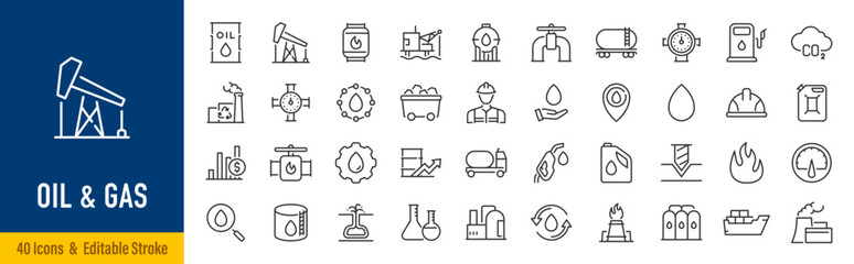 Naklejka na ściany i meble Oil and Gas web icons in line style. Fuel, gas station, refinery, petroleum, oil well, gas pump, energy, barrel, industry, transportation, collection. Vector illustration.