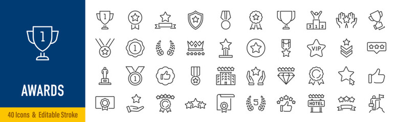 Awards web icons in line style. Winner, medal, trophy, server, reward, certificate, collection. Vector illustration. © iiierlok_xolms