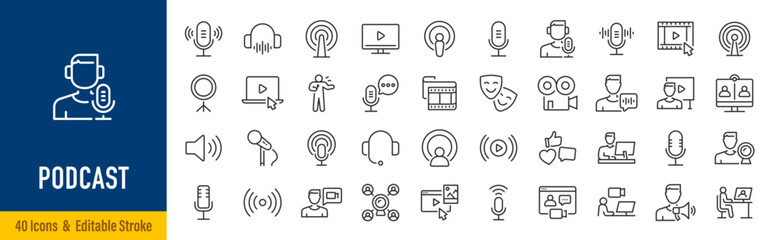 Obraz premium Podcast web icons in line style. Microphone, radio, webcast, audio, video, news, collection. Vector illustration.