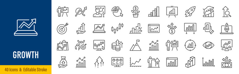 Plakat Growth web icons in line style. Target, graph, investment, performance, profit, collection. Vector illustration.
