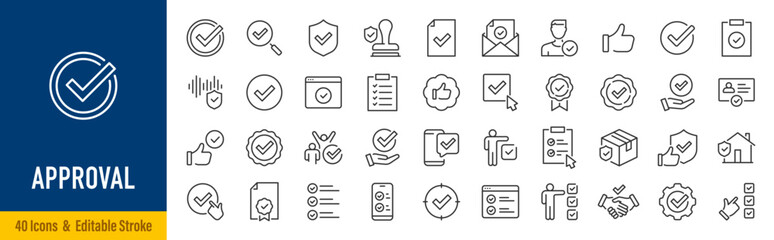 Approval web icons in line style. Thumpb up, check mark, approve, agreement, validation, confirmation, collection. Vector illustration. © iiierlok_xolms