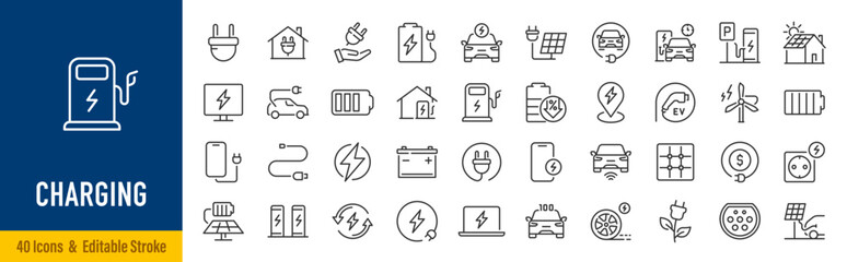 Naklejka premium Charging web icons in line style. Charging, charging station, battery, electricity, wireless charging, electric car, collection. Vector illustration.