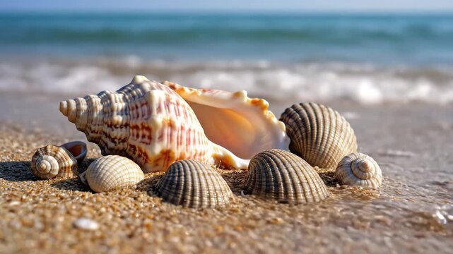 Close up of various seashells resting on a sandy beach with gentle ocean waves in the background on a sunny day.