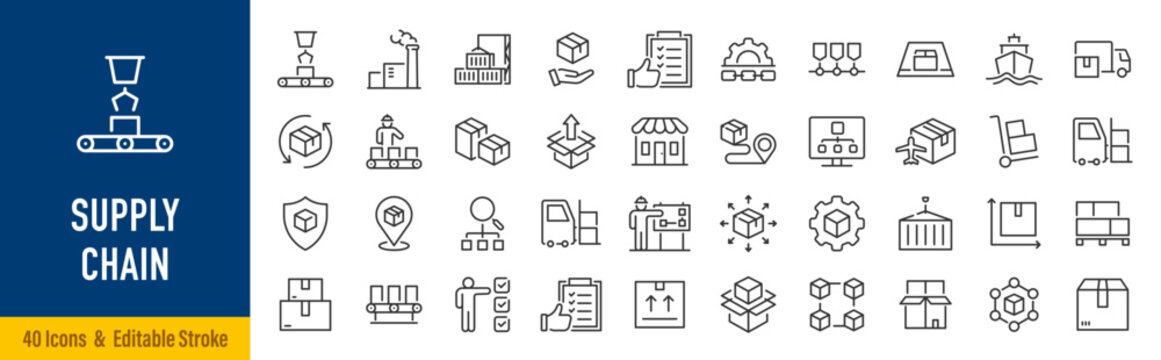 Supply Chain web icons in line style. Logistic, delivery, business, industry, management, commerce, analysis, procurement ,collection. Vector illustration.